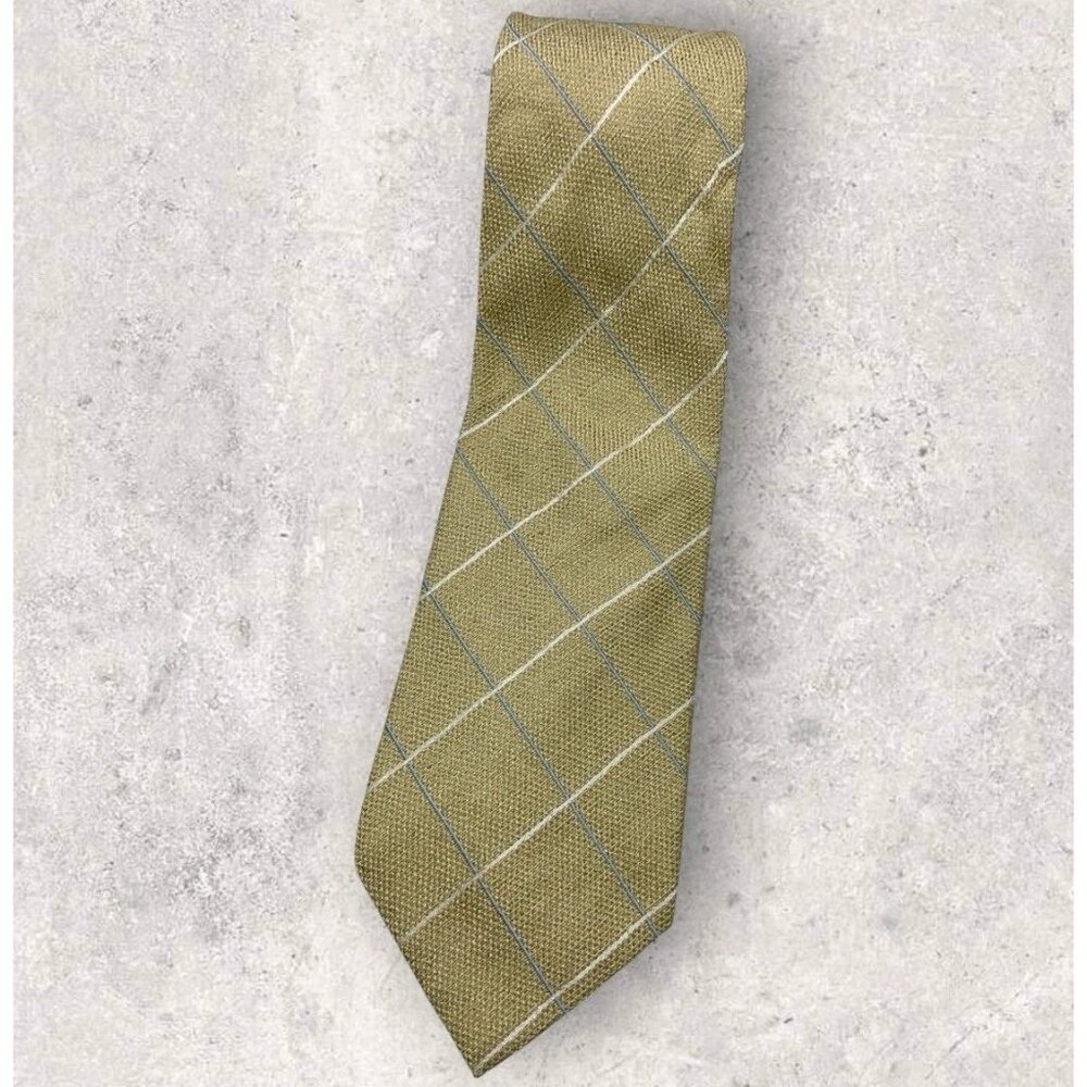 NICKY Silk Tie ITALY XL Beige Blue White Tartan W:3.8" EUC